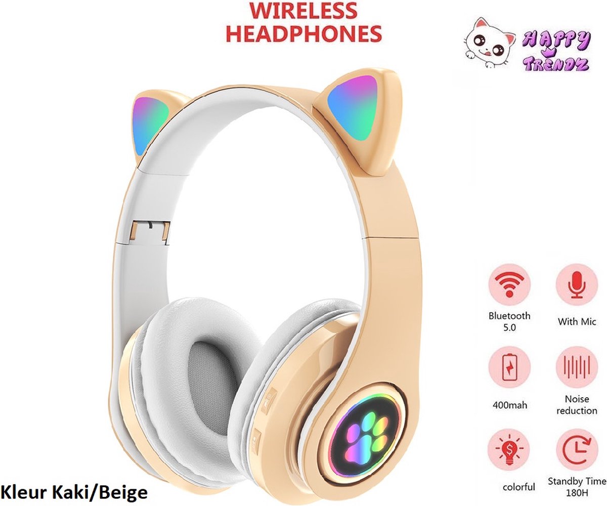 Happy Trendz® Kinder hoofdtelefoon - cat headphones | Draadloze koptelefoon Bluetooth met led kattenoortjes Kaki Beige | Koptelefoon voor Kinderen - Met RGB Led Kat Oortjes | met verlichting poot